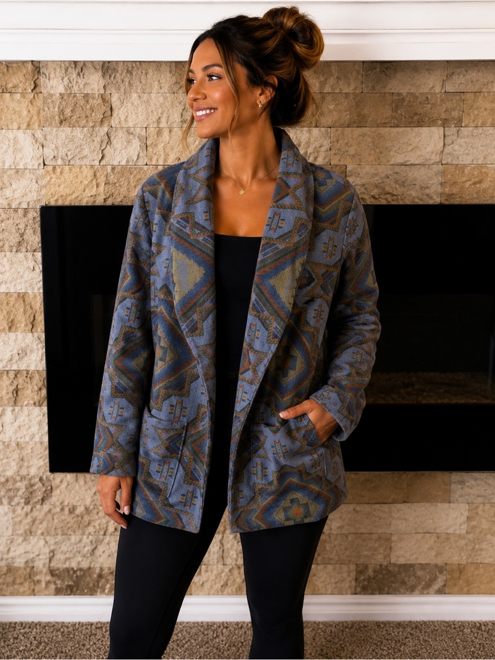 Western Cowgirl Cozy Patterned Open-Front Blazer Aztec Tribal Orange Olive